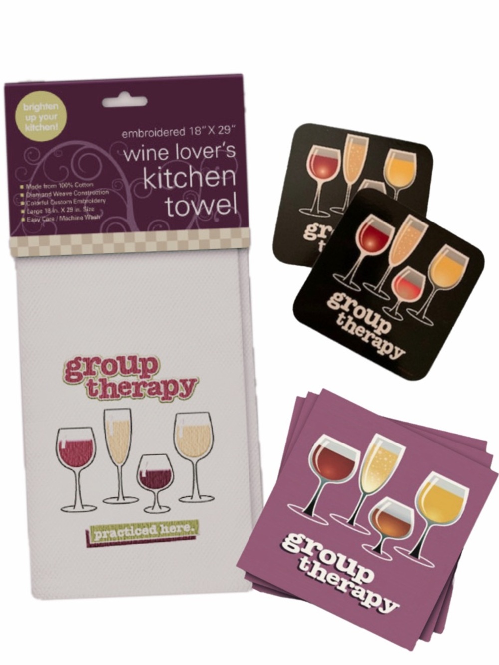 Group Therapy Wine Kitchen Set - Towel, Coasters & Napkins great hostess gift